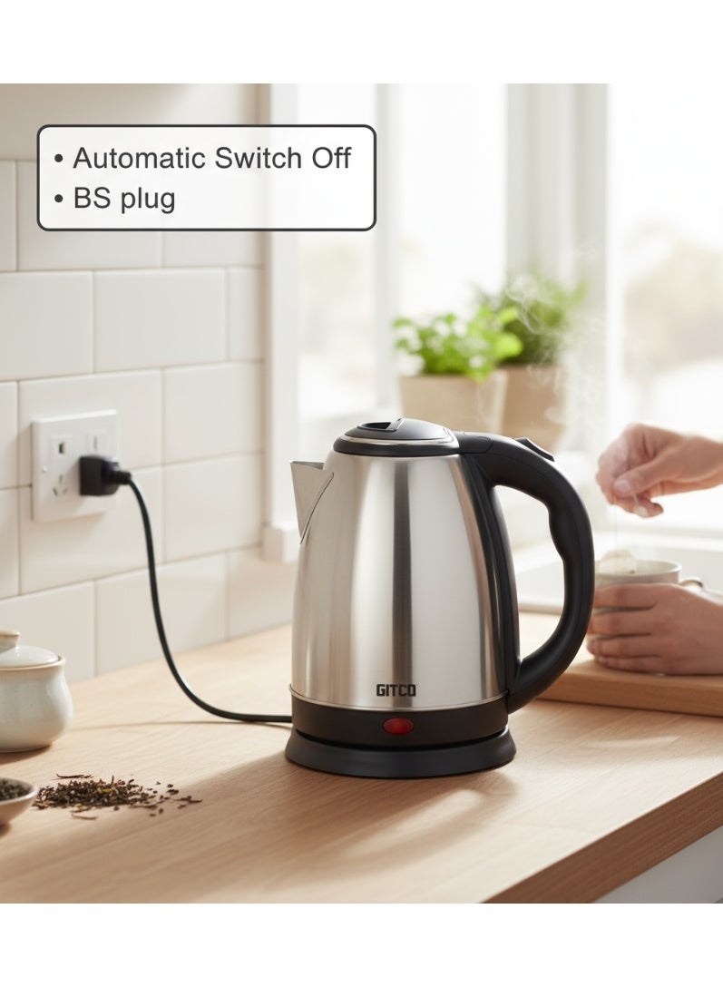 جيتكو غلاية كهربائية من الفولاذ المقاوم للصدأ بسعة 1.8 لتر مع إيقاف تلقائي، غليان سريع وحماية من الجفاف، قاعدة دوارة 360°، ضوء LED موديل GK2002 - Image 3