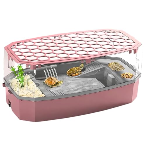 Rizopets Acrylic Turtle Aquarium with Filter, Turtle Reptile Habitat Tank with Basking, Swimming, Breeding, Hibernation & Feeding Platform (Medium, Pink) - Image 1