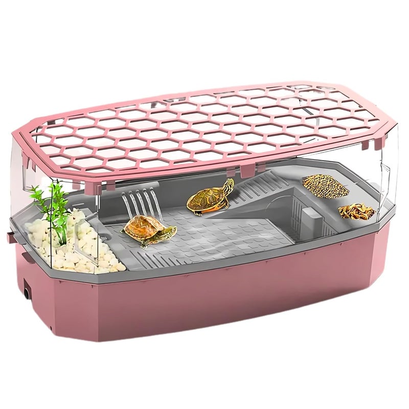 Rizopets Acrylic Turtle Aquarium with Filter, Turtle Reptile Habitat Tank with Basking, Swimming, Breeding, Hibernation & Feeding Platform (Medium, Pink) - Image 5