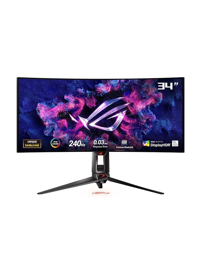 ASUS 34 inch ROG Swift OLED Ultrawide 800R Curved Gaming Monitor (PG34WCDM) – 21:9 (3440 x 1440), 240Hz, 0.03ms, G-SYNC Compatible, Custom Heatsink, Uniform Brightness, Smart KVM, USB-C 90W PD, 1300nits Black - Image 1