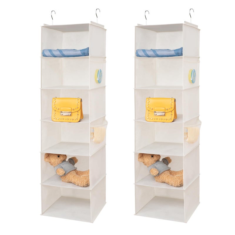 BrilliantJo 6 Shelves Hanging Closet Organizer 2 Pack Hanging Storage with 4 Side Pockets for Clothes Shoes 435x12x12Beige