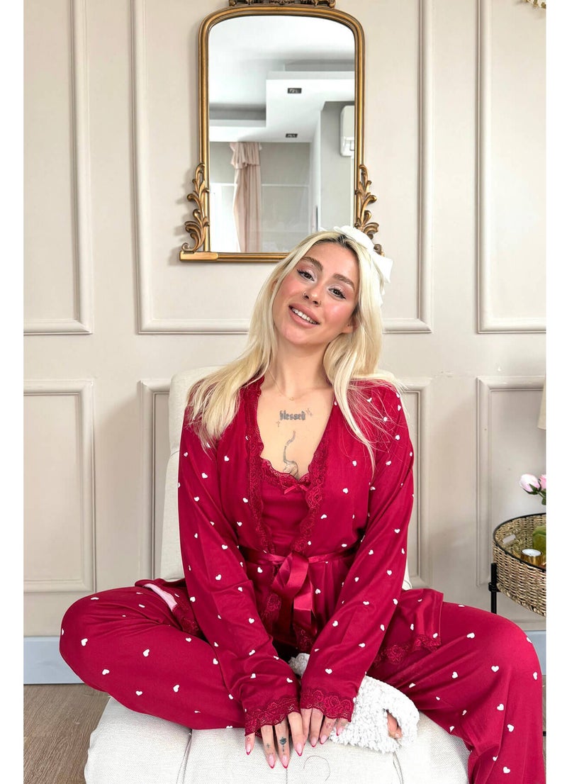 Women's 4 Piece Heart Print Satin Pajama Set with Lace Trim Camisole Long Sleeve Robe Full Length Pants Soft Silk Feel Sleepwear Comfortable Loungewear Nightwear Homewear Relax Fit Elegant Pajama Set Fits Up to 75 KG - Image 3