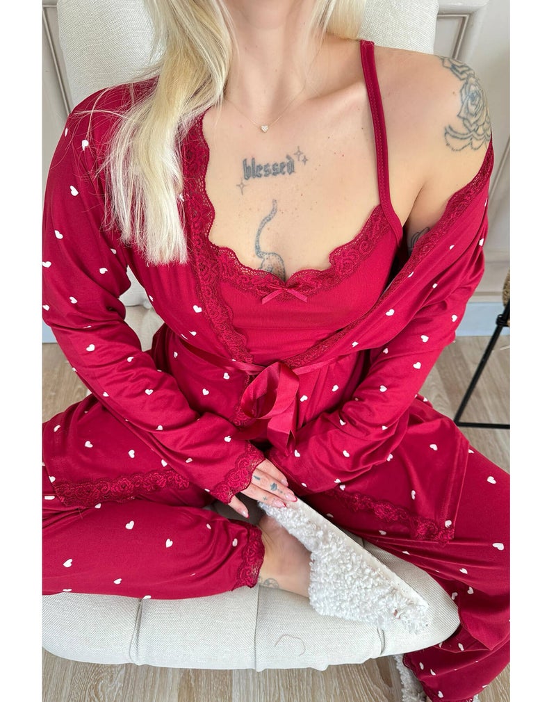 Women's 4 Piece Heart Print Satin Pajama Set with Lace Trim Camisole Long Sleeve Robe Full Length Pants Soft Silk Feel Sleepwear Comfortable Loungewear Nightwear Homewear Relax Fit Elegant Pajama Set Fits Up to 75 KG - Image 2