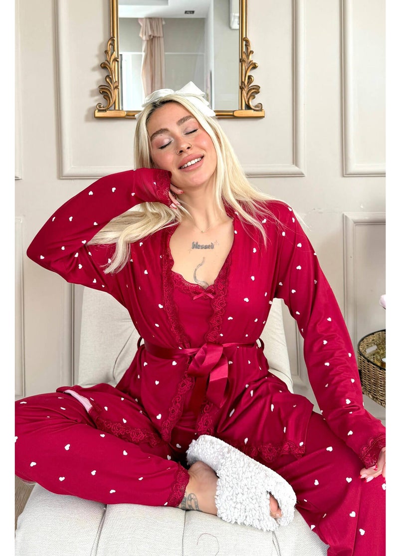 Women's 4 Piece Heart Print Satin Pajama Set with Lace Trim Camisole Long Sleeve Robe Full Length Pants Soft Silk Feel Sleepwear Comfortable Loungewear Nightwear Homewear Relax Fit Elegant Pajama Set Fits Up to 75 KG - Image 4