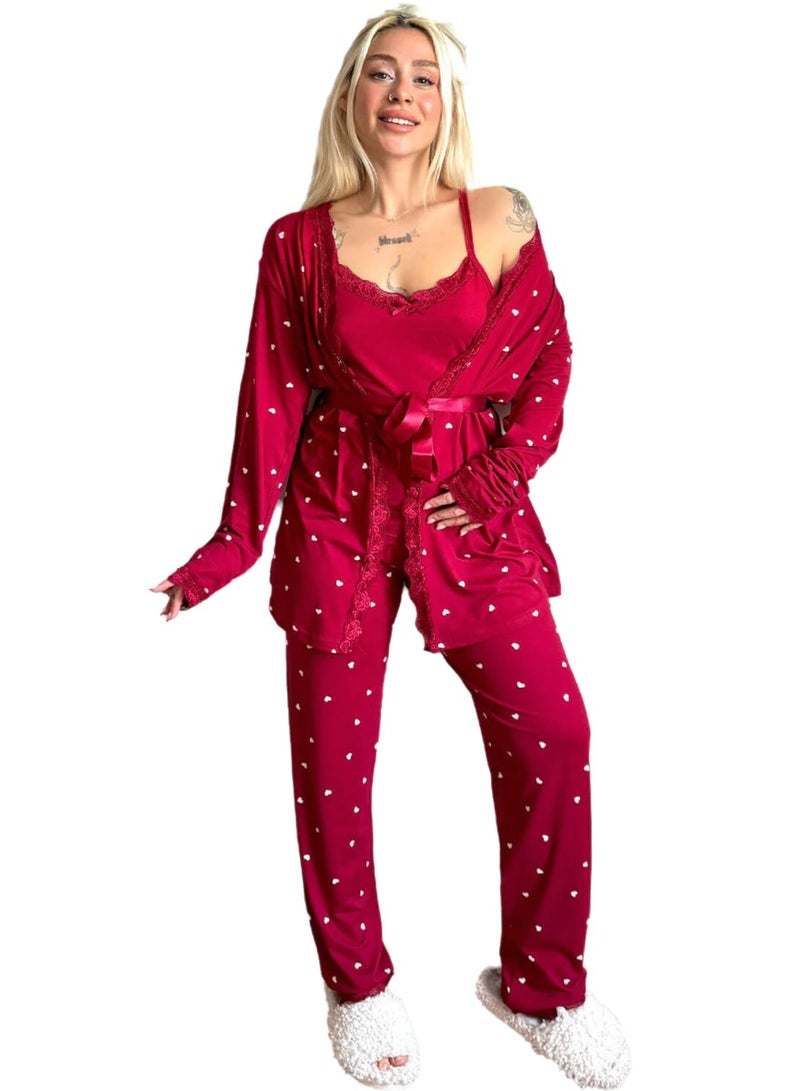 Women's 4 Piece Heart Print Satin Pajama Set with Lace Trim Camisole Long Sleeve Robe Full Length Pants Soft Silk Feel Sleepwear Comfortable Loungewear Nightwear Homewear Relax Fit Elegant Pajama Set Fits Up to 75 KG - Image 1