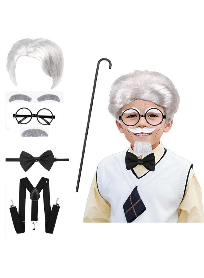 GMORO Old Man Wig for Boy, Grandpa Costume with Grey Mustache for Kids, 100th Day Of School Dress Up Accessories, for Grandpa Cosplay - Image 1