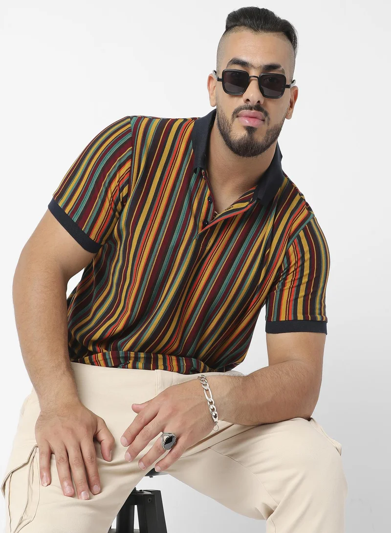 انستافاب بلس Instafab Plus Men's Yellow & Green Candy Striped Polo T-Shirt For Casual Wear | Spread Collar | Short Sleeve | Half-Button Closure | T-Shirt Crafted With Comfort Fit For Everyday Wear