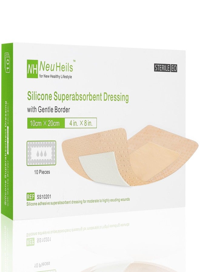 NeuHeils Silicone Super Absorbent Wound Dressing, 4x8 Inch (10 Pack), 2x6 Inch Absorbent Pads | Post-Surgery, Bed Sores, Pressure Ulcers | Self-Adhesive Bandage for Surgical Wounds & Cuts - Image 1