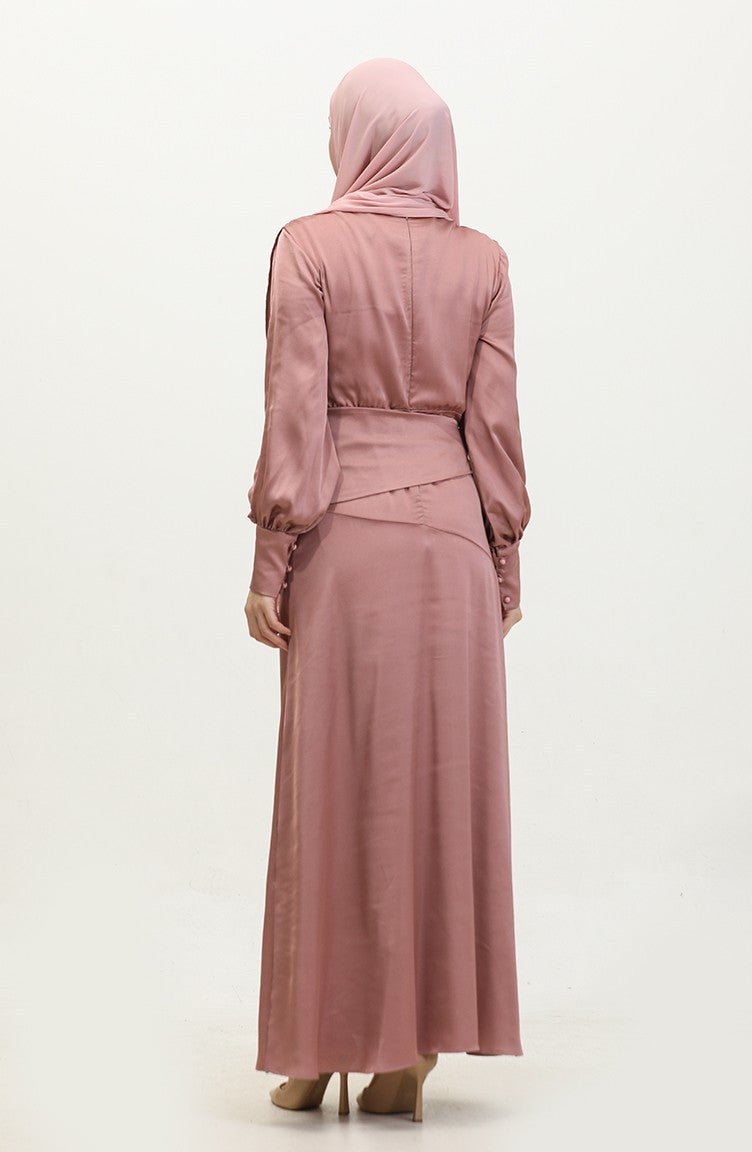 Sefa Merve Layered Satin Evening Dress 6001-05 Dusty Rose  - Image 5