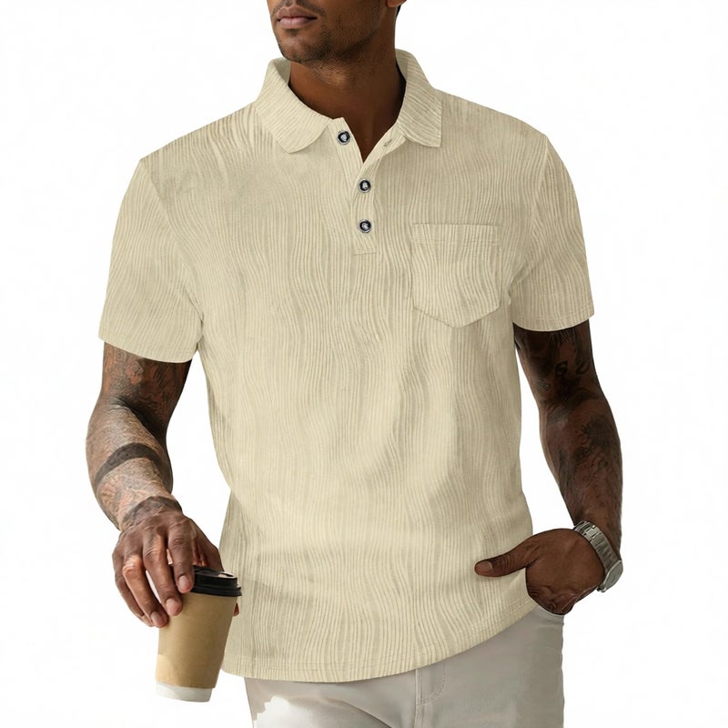 Men's Corduroy Short Sleeve Polo Shirt with Button Pocket - Image 1