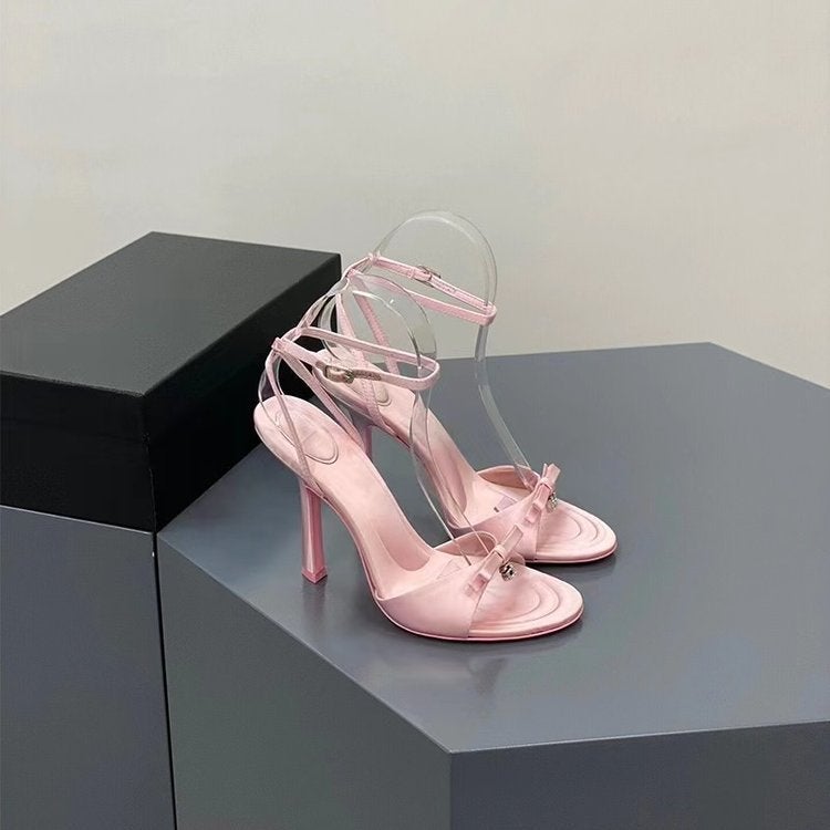 Summer Bow Satin High Heels, Feminine Rhinestone Stiletto Open-Toe Sandals, Black And Pink - Image 2