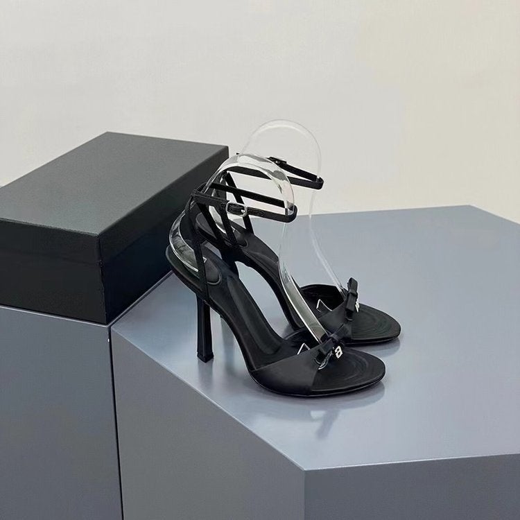 Summer Bow Satin High Heels, Feminine Rhinestone Stiletto Open-Toe Sandals, Black And Pink - Image 5