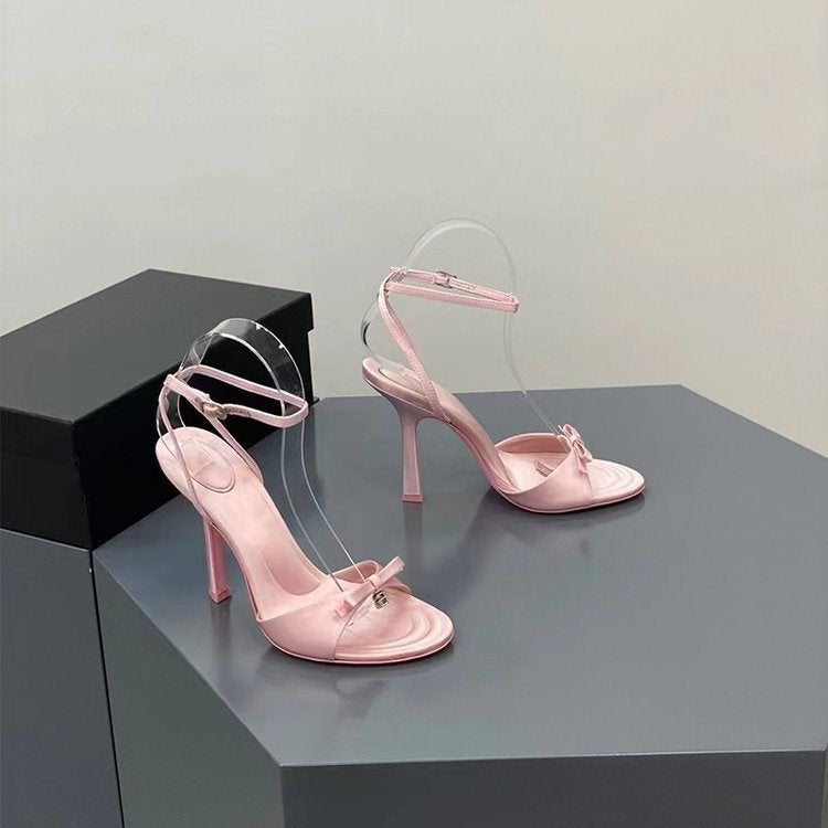 Summer Bow Satin High Heels, Feminine Rhinestone Stiletto Open-Toe Sandals, Black And Pink - Image 3