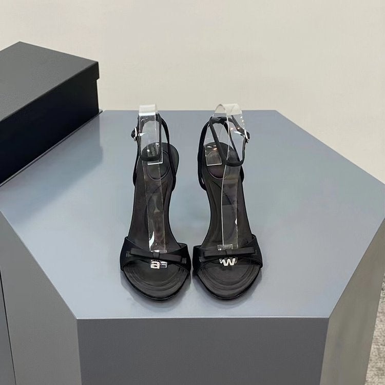 Summer Bow Satin High Heels, Feminine Rhinestone Stiletto Open-Toe Sandals, Black And Pink - Image 1