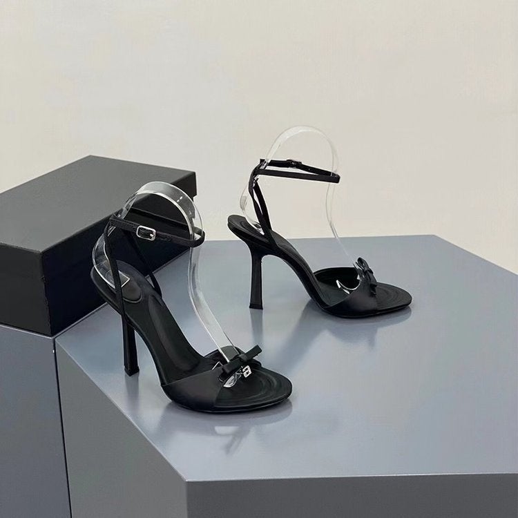Summer Bow Satin High Heels, Feminine Rhinestone Stiletto Open-Toe Sandals, Black And Pink - Image 4