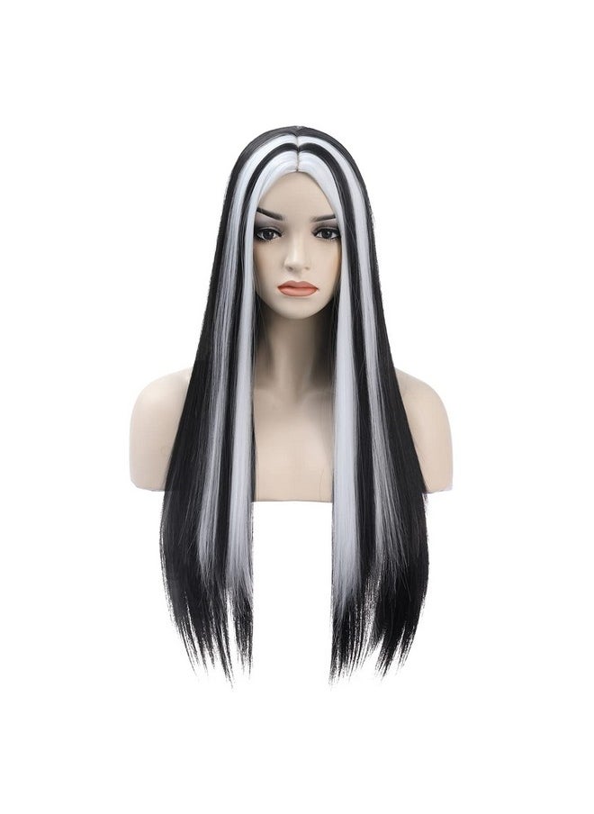 MAGQOO Black White Wig Long Straight Black White Wigs For Women Girls Middle Part Heat Resistant Hight Density Synthetic Wigs (Black White)  - Image 2