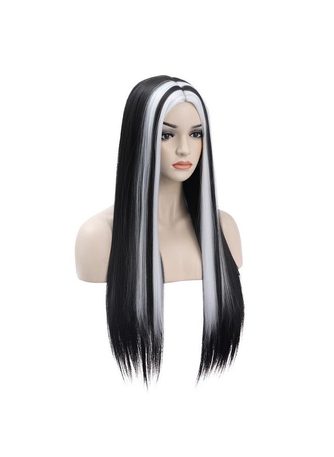 MAGQOO Black White Wig Long Straight Black White Wigs For Women Girls Middle Part Heat Resistant Hight Density Synthetic Wigs (Black White)  - Image 3