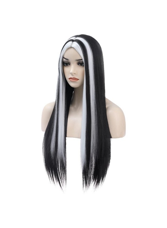 MAGQOO Black White Wig Long Straight Black White Wigs For Women Girls Middle Part Heat Resistant Hight Density Synthetic Wigs (Black White)  - Image 4