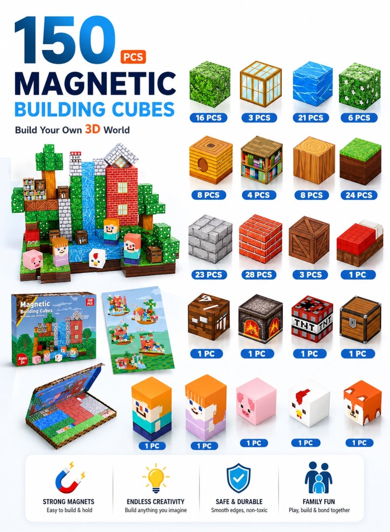 RAKAY 150PCS Magnetic Building Blocks Set for Kids Ages 3-12, High-Strength Magnetic Cubes, STEM Montessori Educational Toy for Boys & Girls, Creative Construction & Stacking Game Gift - Image 2