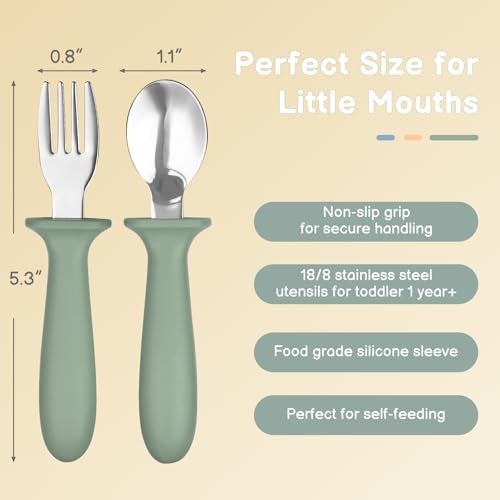 Eascrozn 6 Pack Toddler Utensils, kids Silverware with Silicone Handle, 18/8 Stainless Steel Children Safe Spoons and Forks Set Baby Feeding Essentials, Dishwasher Safe - Image 2