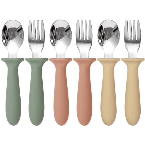 Eascrozn 6 Pack Toddler Utensils, kids Silverware with Silicone Handle, 18/8 Stainless Steel Children Safe Spoons and Forks Set Baby Feeding Essentials, Dishwasher Safe - Image 1