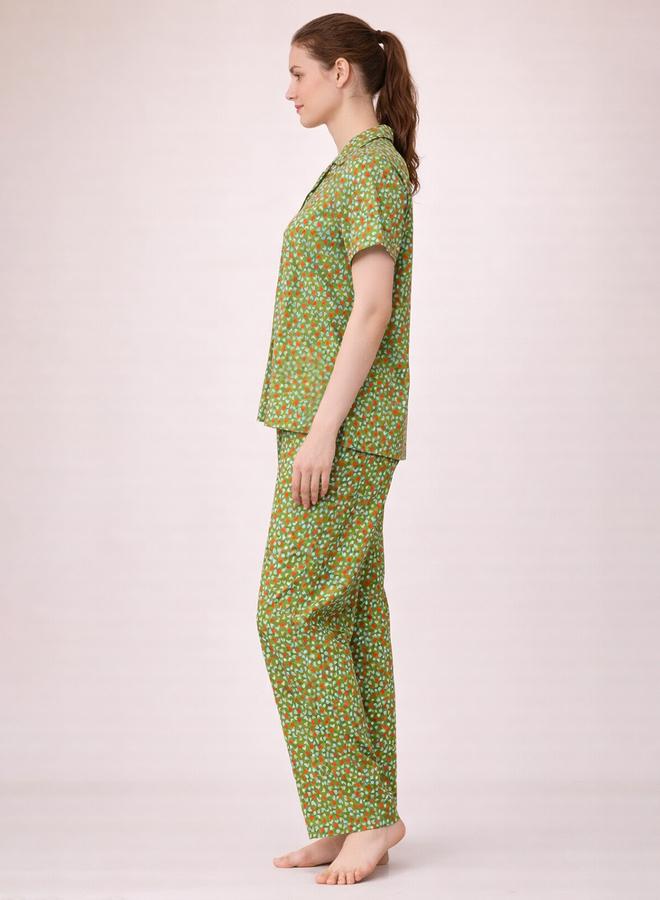 Clovia Green All Over Hear Print Shirt and Pants Pyjama Set - Image 3
