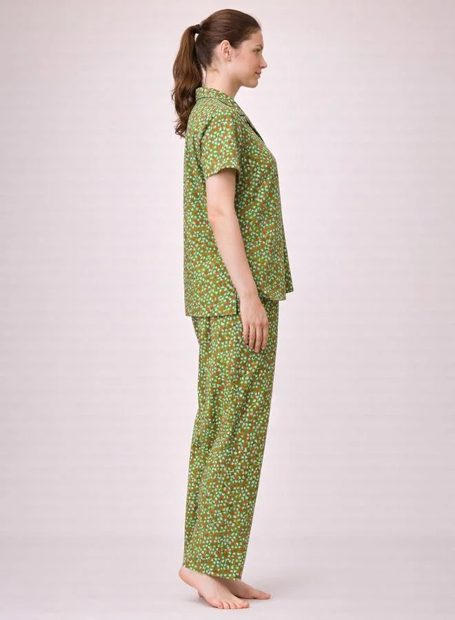 كلوفيا Green All Over Hear Print Shirt and Pants Pyjama Set