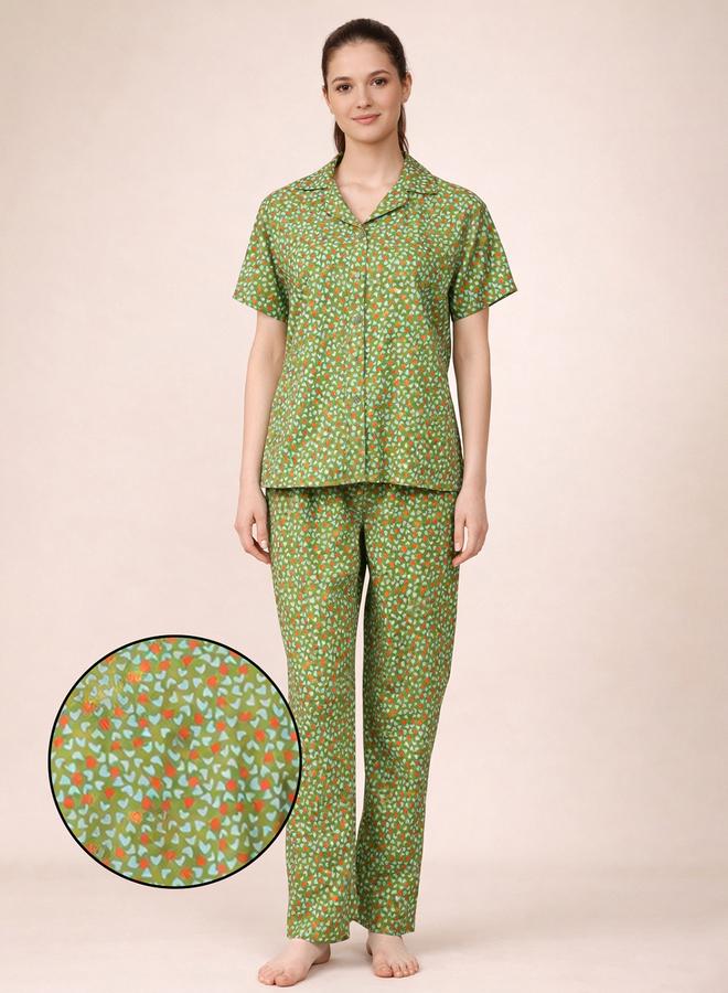 Clovia Green All Over Hear Print Shirt and Pants Pyjama Set - Image 1
