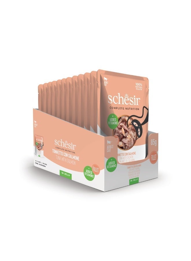 شيسر طعام قطط رطب شيزار في الجيلي بالتونة والسلمون 85 جم (عبوة 12 كيس) | وجبة قطط كاملة غنية بالبروتين مع تونة طبيعية مطهوة بالبخار - Image 1