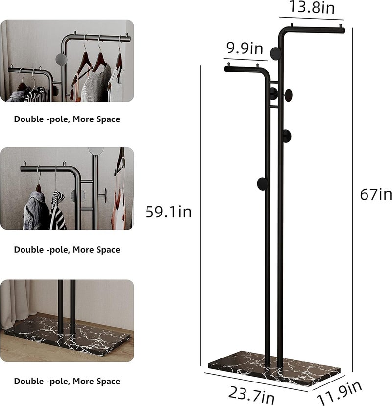 TNTAIAHL Double-pole Coat Rack Freestanding, Modern Metal Coat Racks Hanger Stand with 5 Hooks and Natural Marble Base, for Bedroom, Office, Hallway, Entryway, Living Room (Black) - Image 2