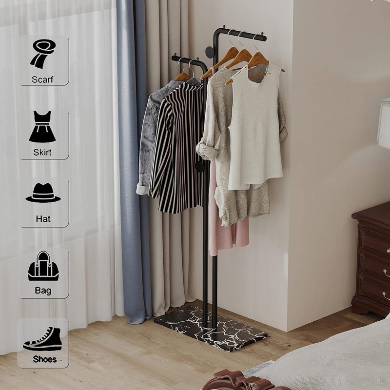 TNTAIAHL Double-pole Coat Rack Freestanding, Modern Metal Coat Racks Hanger Stand with 5 Hooks and Natural Marble Base, for Bedroom, Office, Hallway, Entryway, Living Room (Black) - Image 3