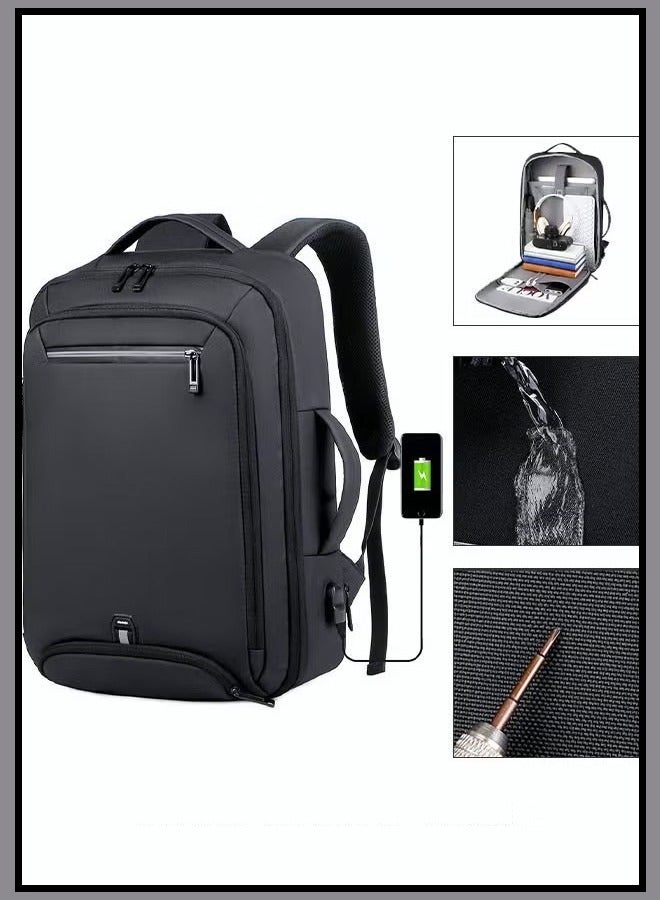 كان واي تناسب حقيبة ظهر للكمبيوتر المحمول مقاس 17 بوصة، حقيبة ظهر للعمل 3 في 1 بسعة قابلة للتطوير، حقيبة كتب جامعية للعمل والمدرسة والسفر والطيران مع منفذ USB مقاوم للماء وحقيبة نهارية للكمبيوتر كاجوال للرجال باللون الأسود - Image 1