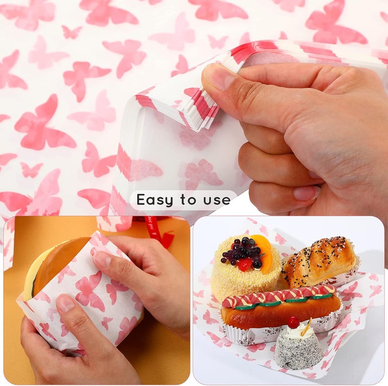 Epakh 150 Pcs Wax Paper Sheets for Food Baking Wrapping Wax Paper Butterfly Deli Paper Sheets Greaseproof Printed Picnic Wrap Tissue for Hamburger Basket Sandwich Holiday Birthday Party Dessert(Pink) - Image 5
