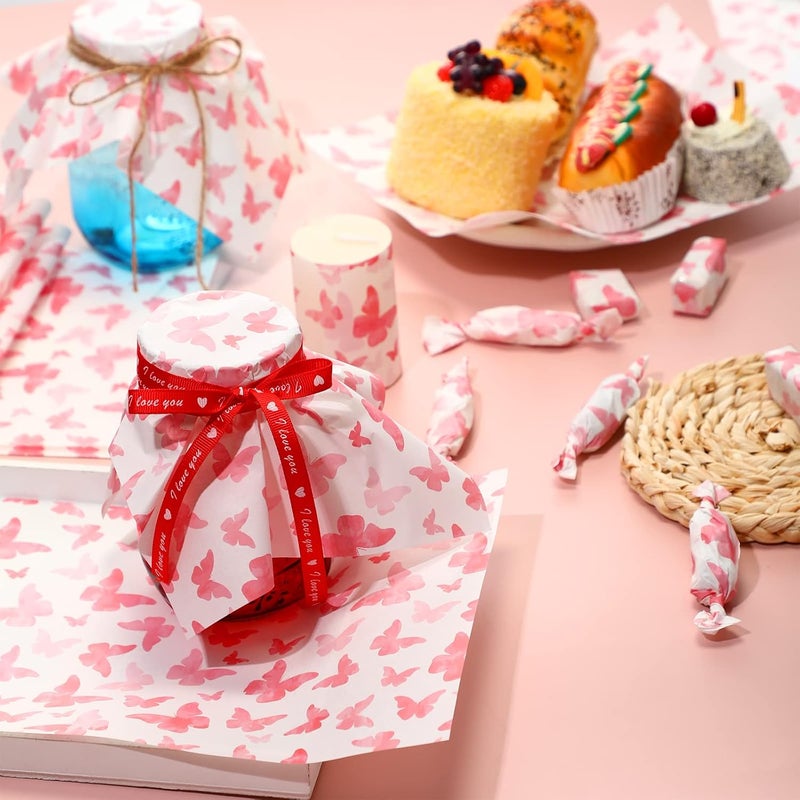 Epakh 150 Pcs Wax Paper Sheets for Food Baking Wrapping Wax Paper Butterfly Deli Paper Sheets Greaseproof Printed Picnic Wrap Tissue for Hamburger Basket Sandwich Holiday Birthday Party Dessert(Pink) - Image 4