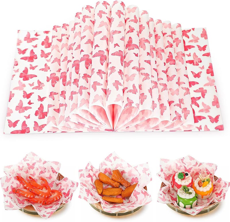 Epakh 150 Pcs Wax Paper Sheets for Food Baking Wrapping Wax Paper Butterfly Deli Paper Sheets Greaseproof Printed Picnic Wrap Tissue for Hamburger Basket Sandwich Holiday Birthday Party Dessert(Pink) - Image 1