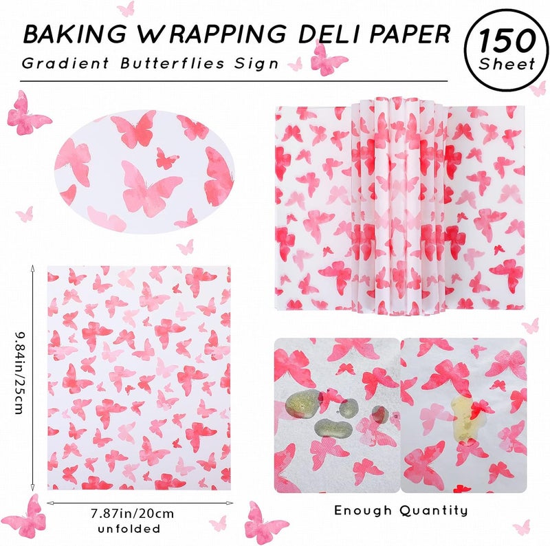 Epakh 150 Pcs Wax Paper Sheets for Food Baking Wrapping Wax Paper Butterfly Deli Paper Sheets Greaseproof Printed Picnic Wrap Tissue for Hamburger Basket Sandwich Holiday Birthday Party Dessert(Pink) - Image 2