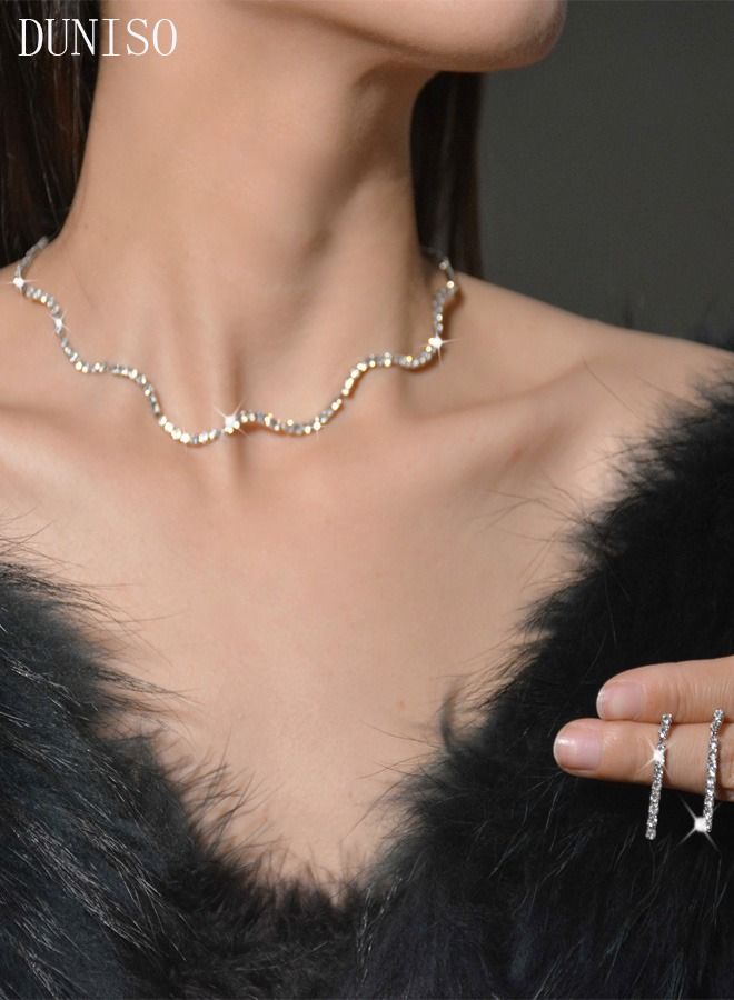 DUNISO 2Peice Necklace and Earrings Set Full Diamond Necklace Crystal Earrings Wedding Bridal Bridesmaid Costume Jewelry Set for Women and Girls Dress Accessories - Image 1