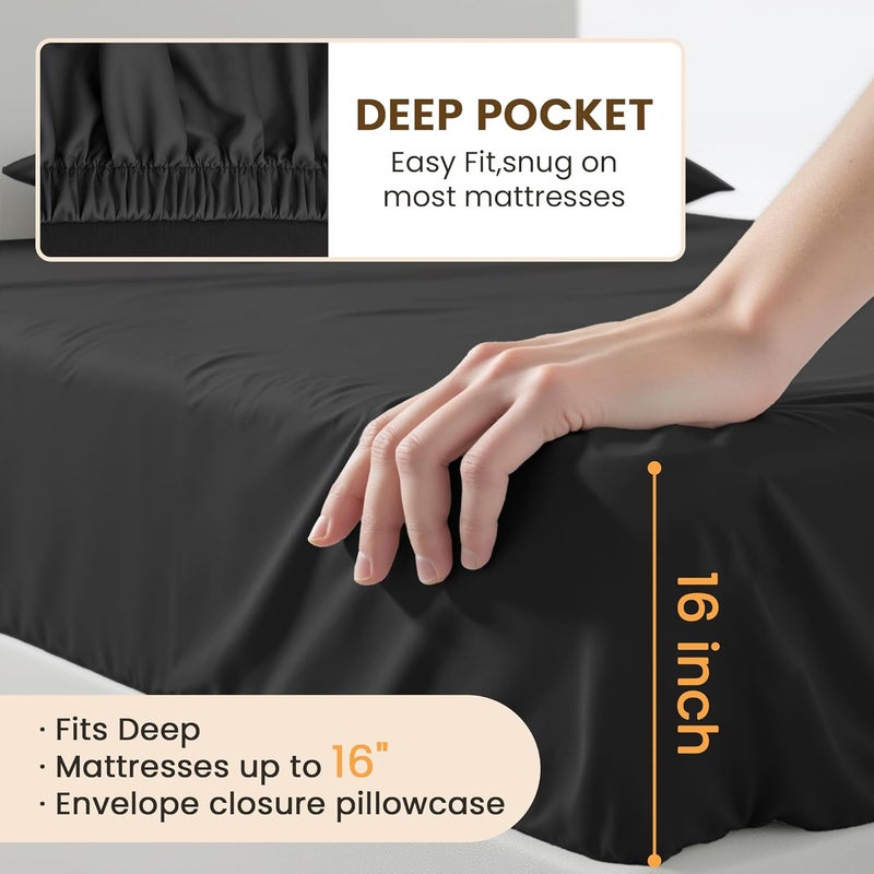 USXIBEI Queen Size 4 Piece Bed Sheet Set - Ultra Imitation Cotton-Premium Breathable & Cooling Sheets - Hotel Luxury Bed Sheets Deep Pocket up to 15"- Wrinkle, Fade, Stain Resistant (Balck, Queen) - Image 5