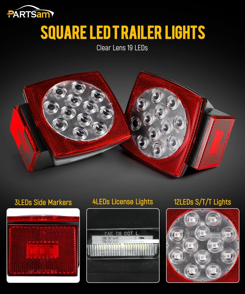 Partsam 12V Submersible Square Led Trailer Lights, Red White LED Stop Turn Tail License Side Marker Running Light Lamp for Trailers Under 80" Boat Trailer Truck, IP68, Red Clear Lens - Image 2