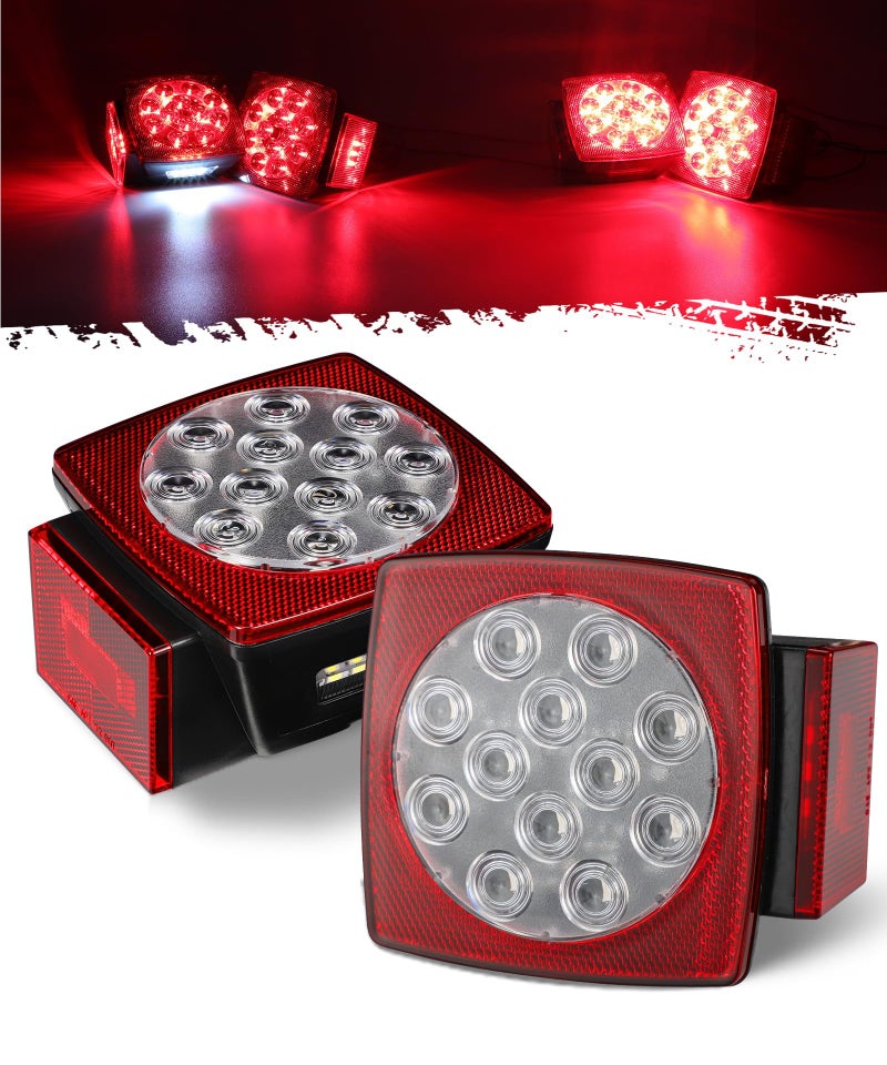 Partsam 12V Submersible Square Led Trailer Lights, Red White LED Stop Turn Tail License Side Marker Running Light Lamp for Trailers Under 80" Boat Trailer Truck, IP68, Red Clear Lens - Image 1