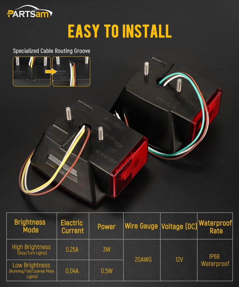 Partsam 12V Submersible Square Led Trailer Lights, Red White LED Stop Turn Tail License Side Marker Running Light Lamp for Trailers Under 80" Boat Trailer Truck, IP68, Red Clear Lens - Image 5