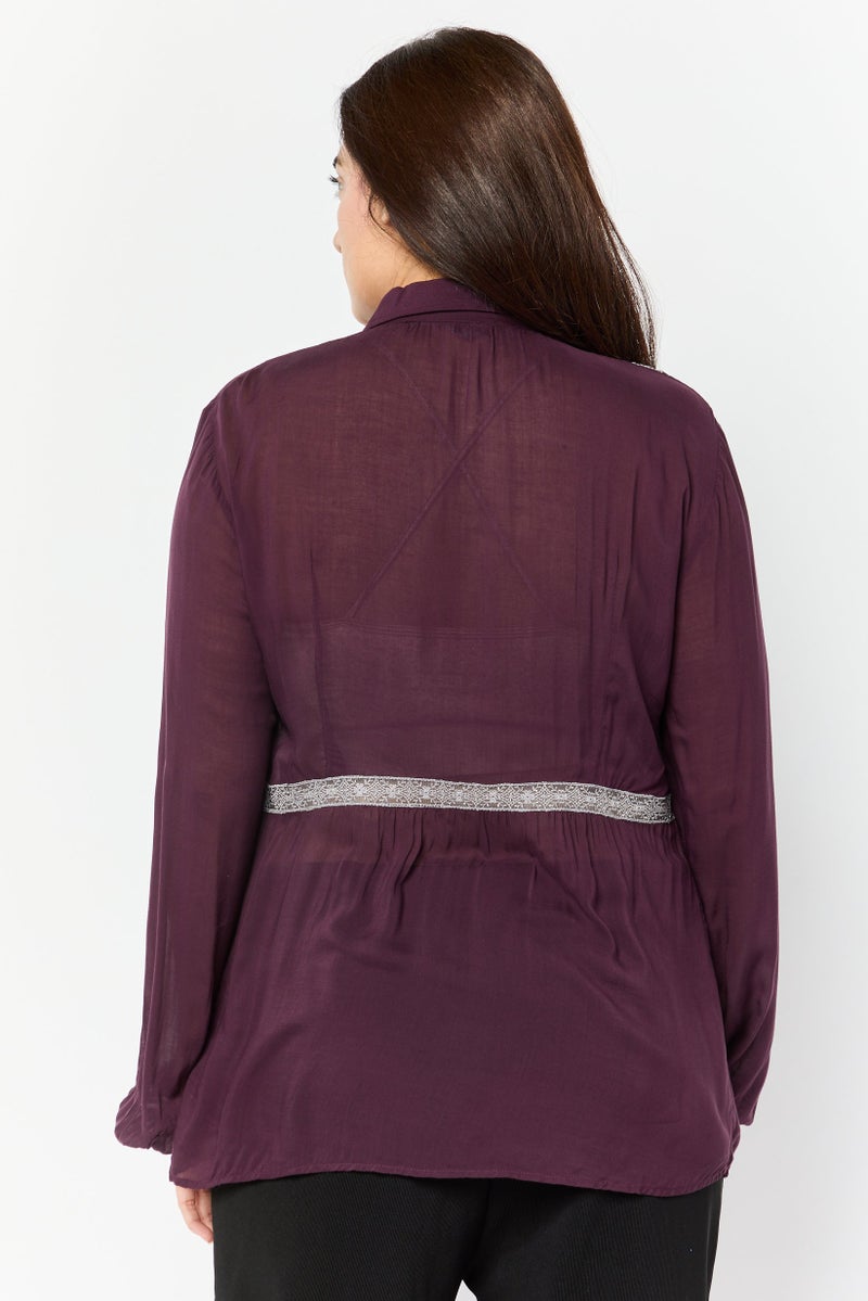Harmont & Blaine Women Split Neck Embroidered Long Sleeve Blouse, Dark Mauve  - Image 3