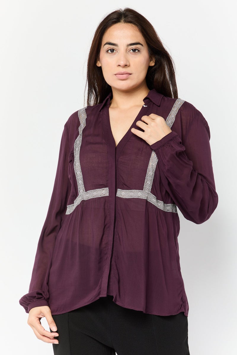 Harmont & Blaine Women Split Neck Embroidered Long Sleeve Blouse, Dark Mauve  - Image 1