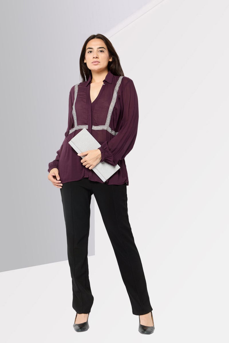Harmont & Blaine Women Split Neck Embroidered Long Sleeve Blouse, Dark Mauve  - Image 4