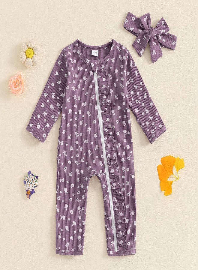 Lucikamy Newborn Outfits Baby Girl Floral Print Ruffle Romper Jumpsuit Long Sleeve Zipper Bodysuit Fall Winter Clothes (Floral-Purple, Newborn) - Image 2