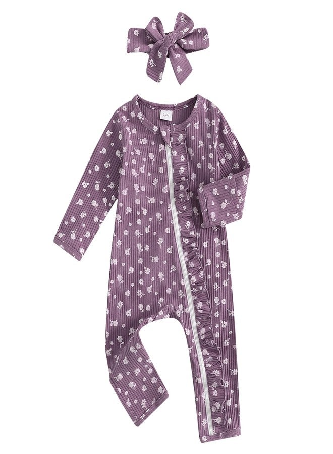 Lucikamy Newborn Outfits Baby Girl Floral Print Ruffle Romper Jumpsuit Long Sleeve Zipper Bodysuit Fall Winter Clothes (Floral-Purple, Newborn) - Image 1
