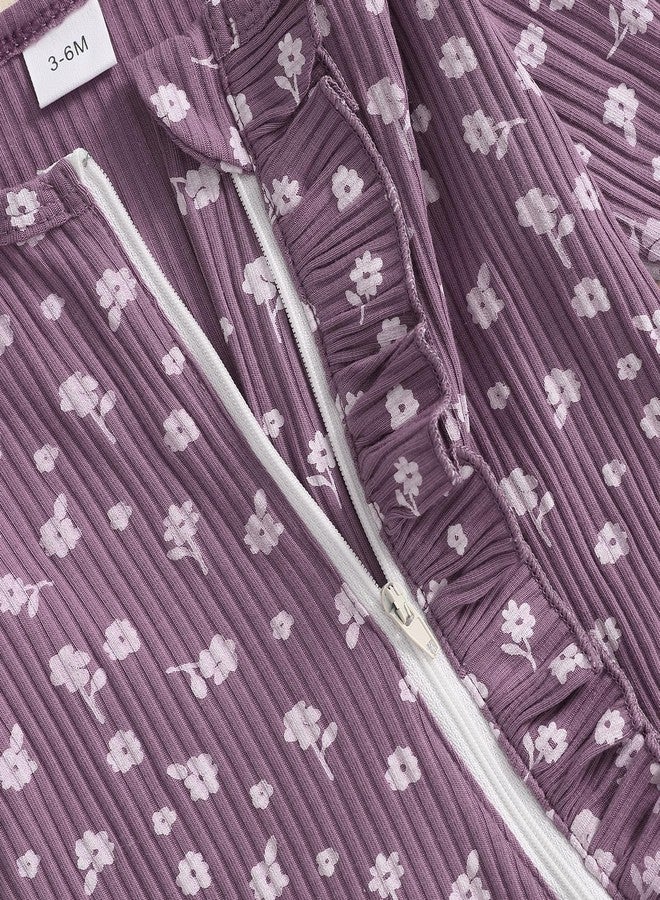 Lucikamy Newborn Outfits Baby Girl Floral Print Ruffle Romper Jumpsuit Long Sleeve Zipper Bodysuit Fall Winter Clothes (Floral-Purple, Newborn) - Image 3