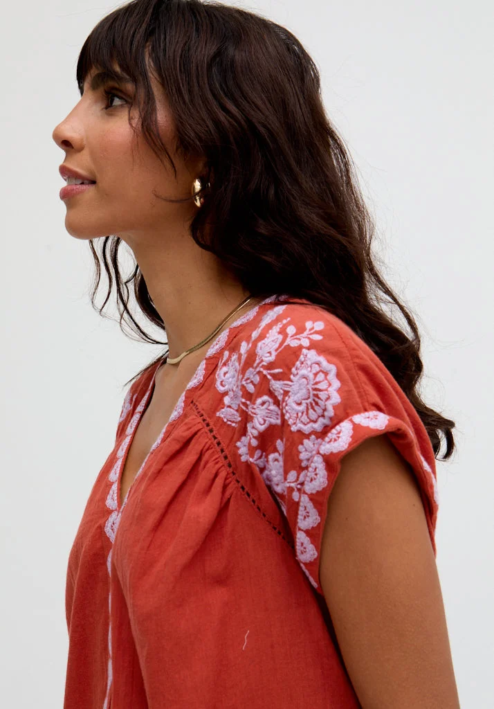 رافاي Luna V-Neck Embroidered Blouse In Brown