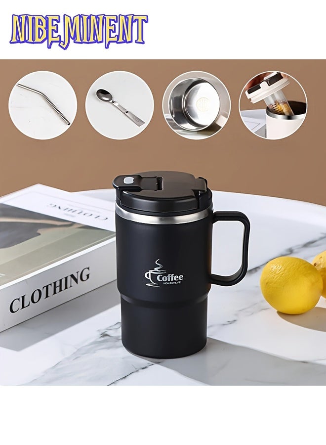 NIBEMINENT 19oz (approx. 550ml) stainless steel coffee mug with straw with spoon with tea divider, outdoor travel mug for cold and hot drinks, gifts for men and women  - Image 1