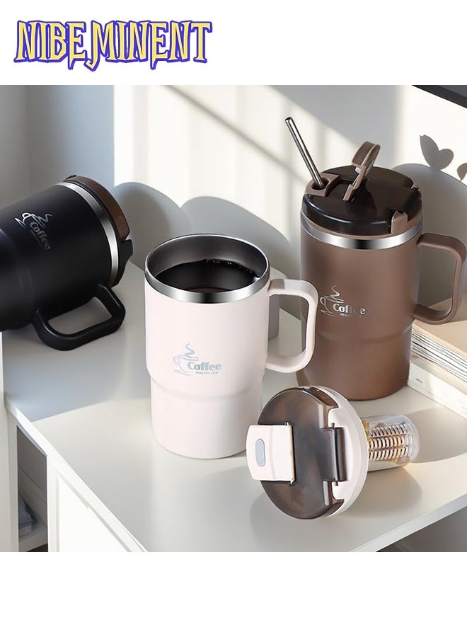 NIBEMINENT 19oz (approx. 550ml) stainless steel coffee mug with straw with spoon with tea divider, outdoor travel mug for cold and hot drinks, gifts for men and women  - Image 3